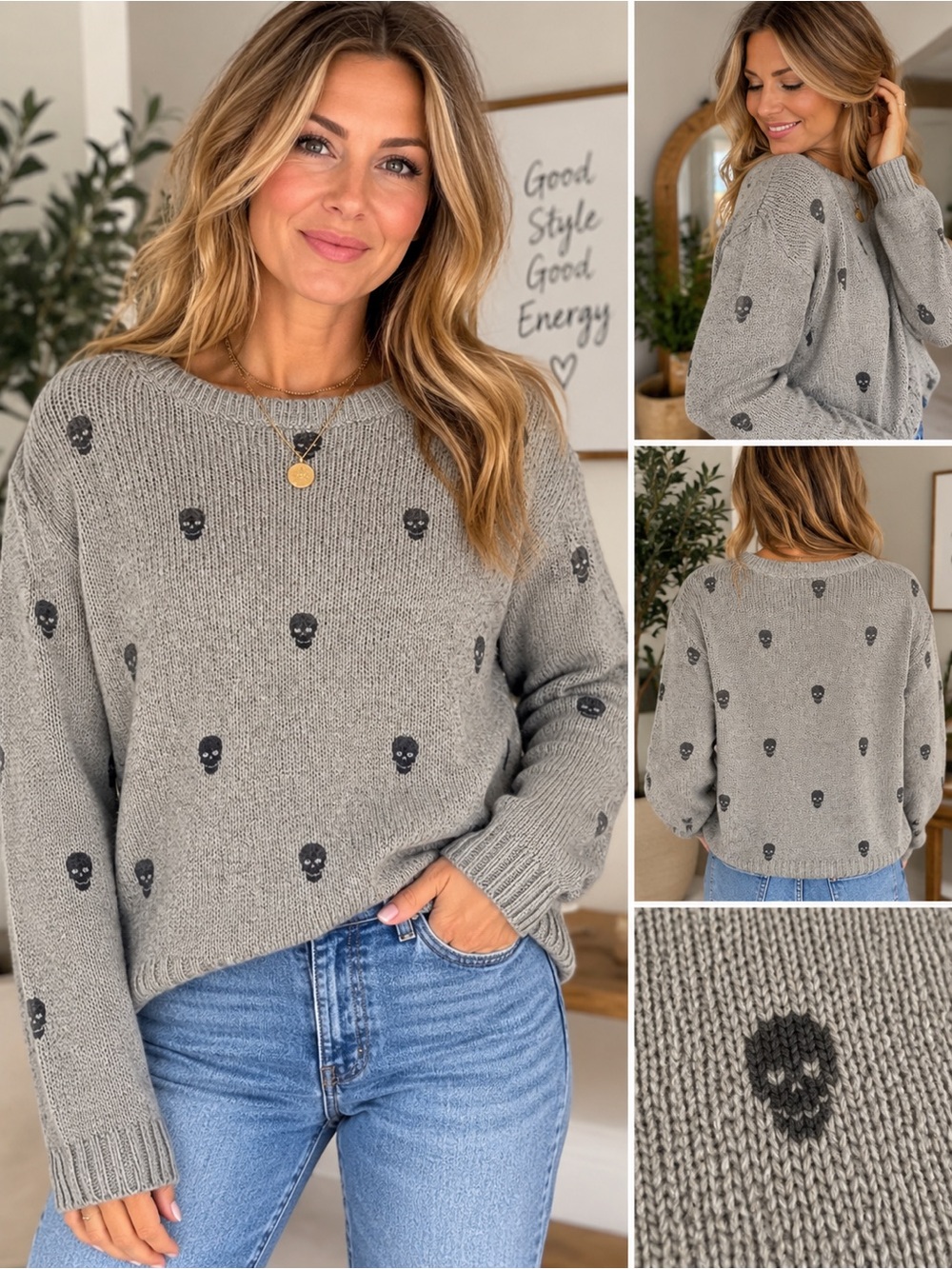 Wooden Ships Gray Knit Sweater with Black Skull Motif